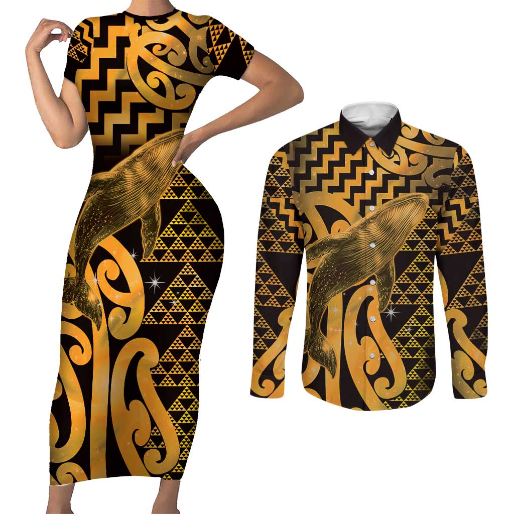Humpback Whale Matariki New Zealand Couples Matching Short Sleeve Bodycon Dress and Long Sleeve Button Shirt NZ Maori Paikea Poutama Luxury Gold LT14 Gold - Polynesian Pride