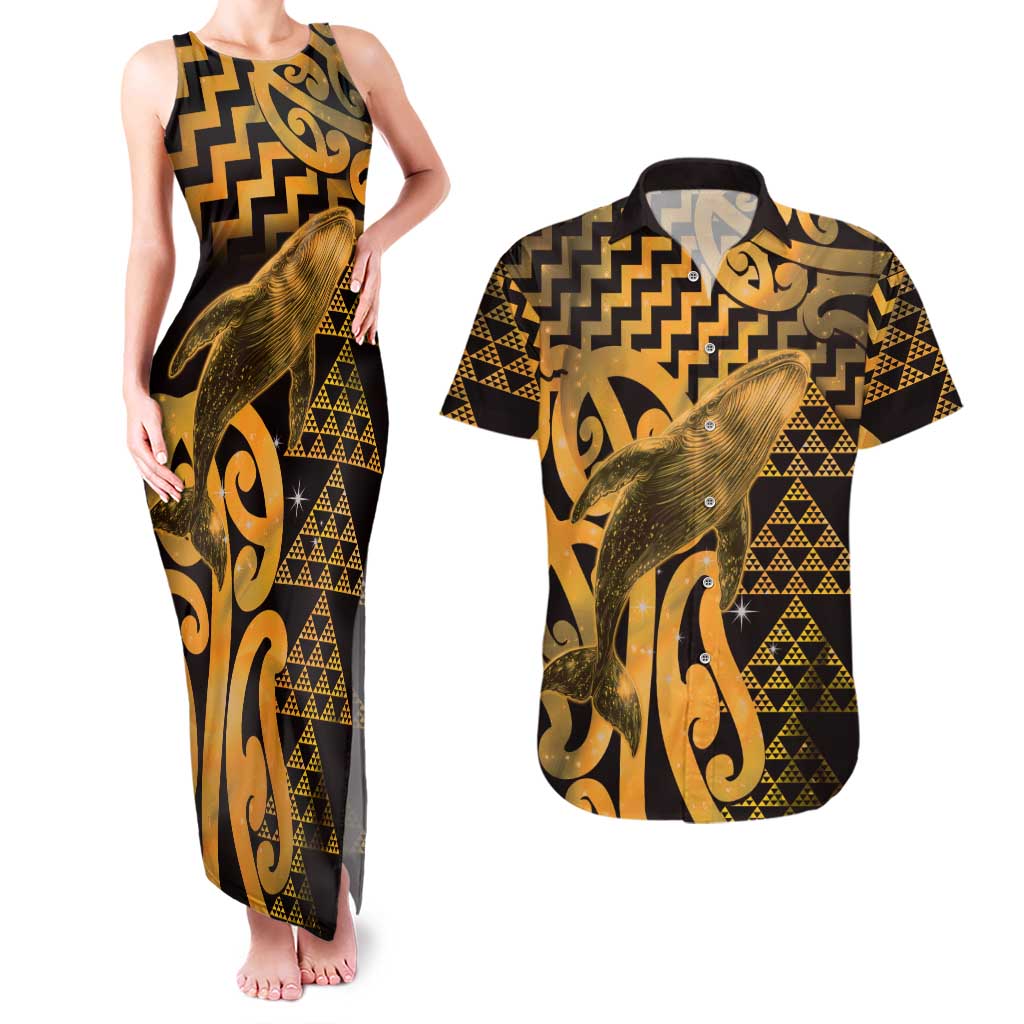 Humpback Whale Matariki New Zealand Couples Matching Tank Maxi Dress and Hawaiian Shirt NZ Maori Paikea Poutama Luxury Gold LT14 Gold - Polynesian Pride