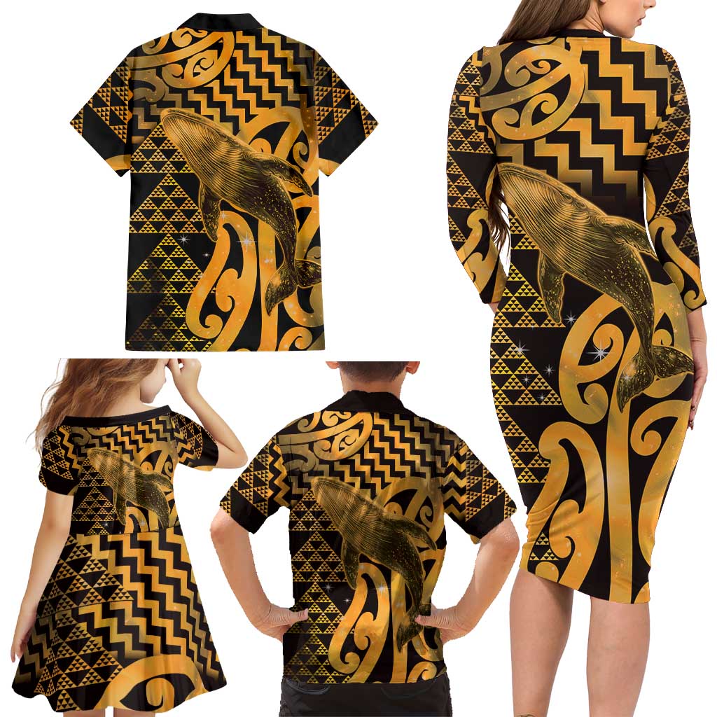 Humpback Whale Matariki New Zealand Family Matching Long Sleeve Bodycon Dress and Hawaiian Shirt NZ Maori Paikea Poutama Luxury Gold LT14 - Polynesian Pride