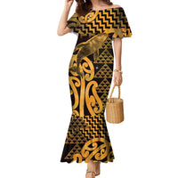 Humpback Whale Matariki New Zealand Family Matching Mermaid Dress and Hawaiian Shirt NZ Maori Paikea Poutama Luxury Gold LT14 Mom's Dress Gold - Polynesian Pride