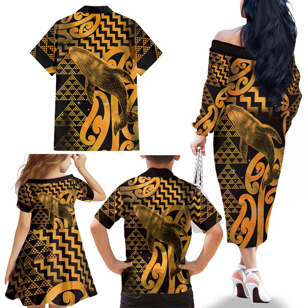 Humpback Whale Matariki New Zealand Family Matching Off The Shoulder Long Sleeve Dress and Hawaiian Shirt NZ Maori Paikea Poutama Luxury Gold LT14 - Polynesian Pride