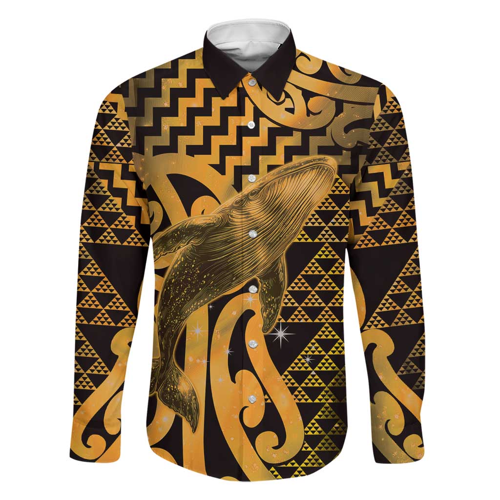 Humpback Whale Matariki New Zealand Family Matching Off Shoulder Short Dress and Hawaiian Shirt NZ Maori Paikea Poutama Luxury Gold LT14 Dad's Shirt - Long Sleeve Gold - Polynesian Pride