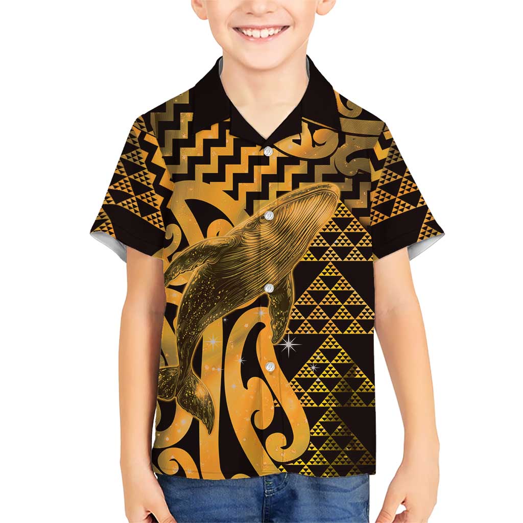 Humpback Whale Matariki New Zealand Family Matching Puletasi and Hawaiian Shirt NZ Maori Paikea Poutama Luxury Gold LT14 Son's Shirt Gold - Polynesian Pride