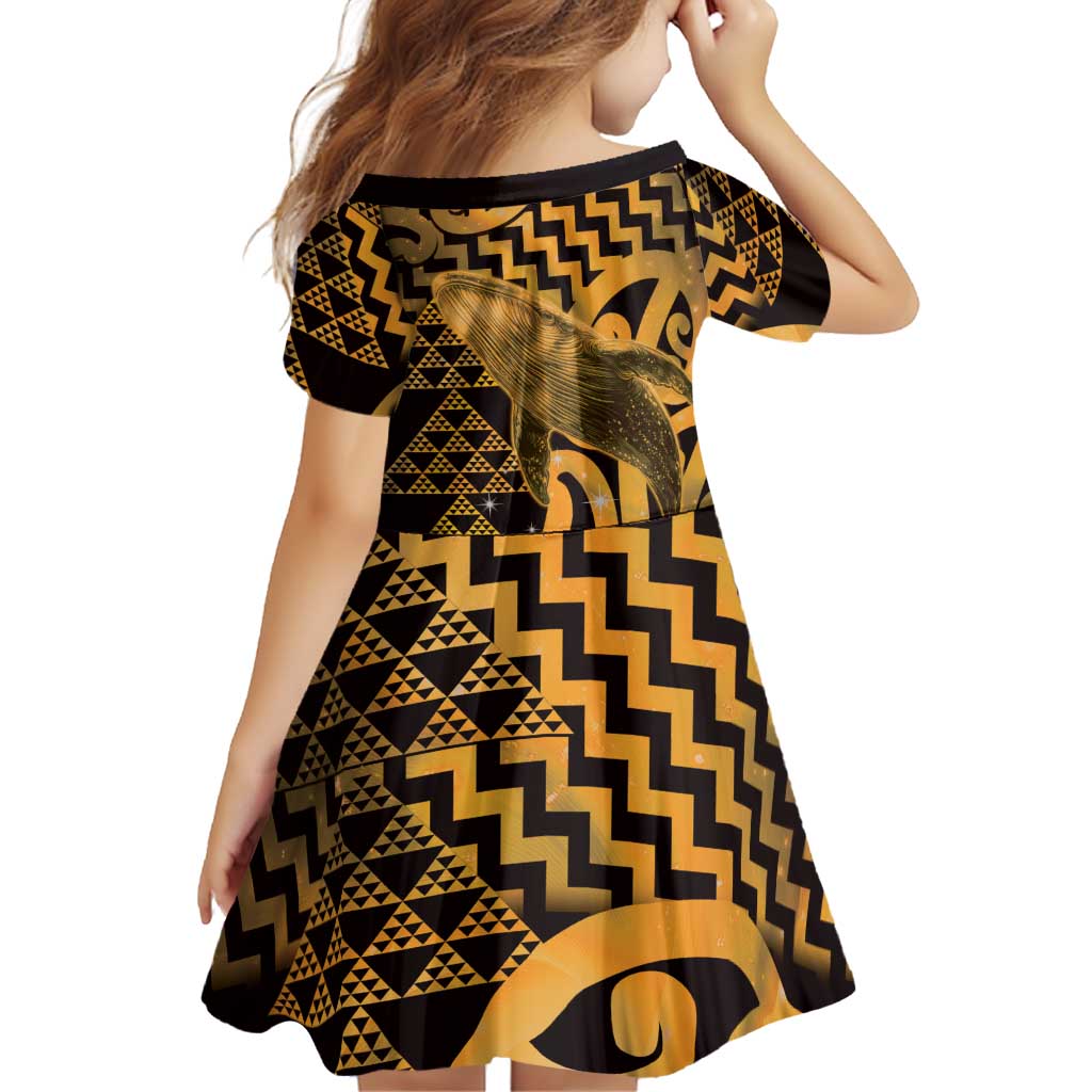 Humpback Whale Matariki New Zealand Family Matching Short Sleeve Bodycon Dress and Hawaiian Shirt NZ Maori Paikea Poutama Luxury Gold LT14 - Polynesian Pride