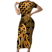 Humpback Whale Matariki New Zealand Family Matching Short Sleeve Bodycon Dress and Hawaiian Shirt NZ Maori Paikea Poutama Luxury Gold LT14 Mom's Dress Gold - Polynesian Pride