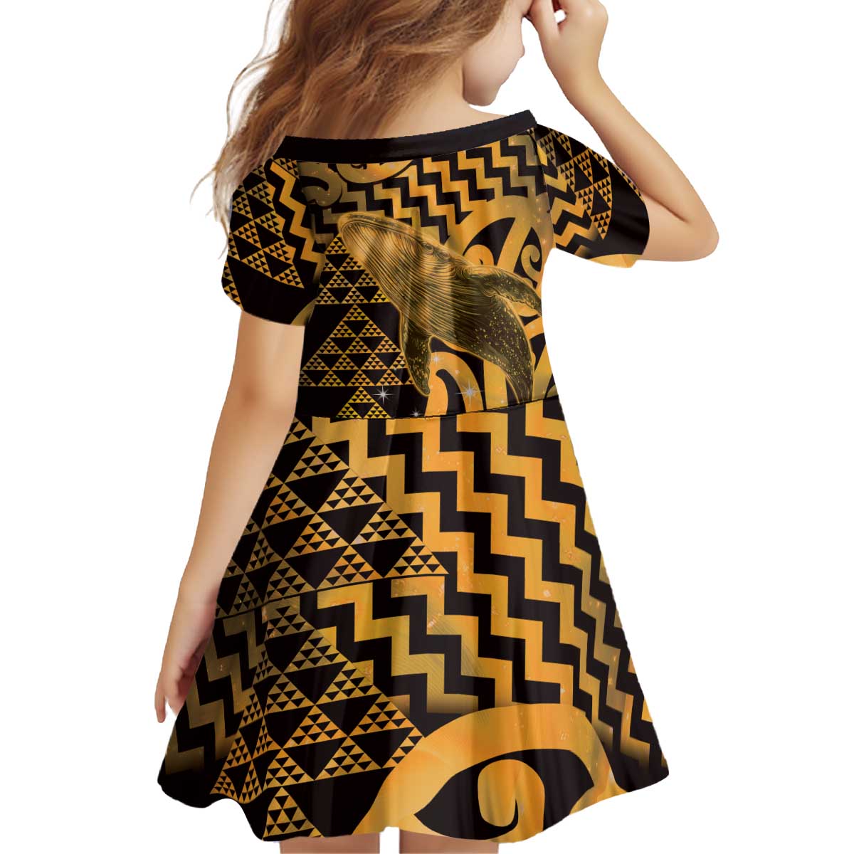 Humpback Whale Matariki New Zealand Kid Short Sleeve Dress NZ Maori Paikea Poutama Luxury Gold