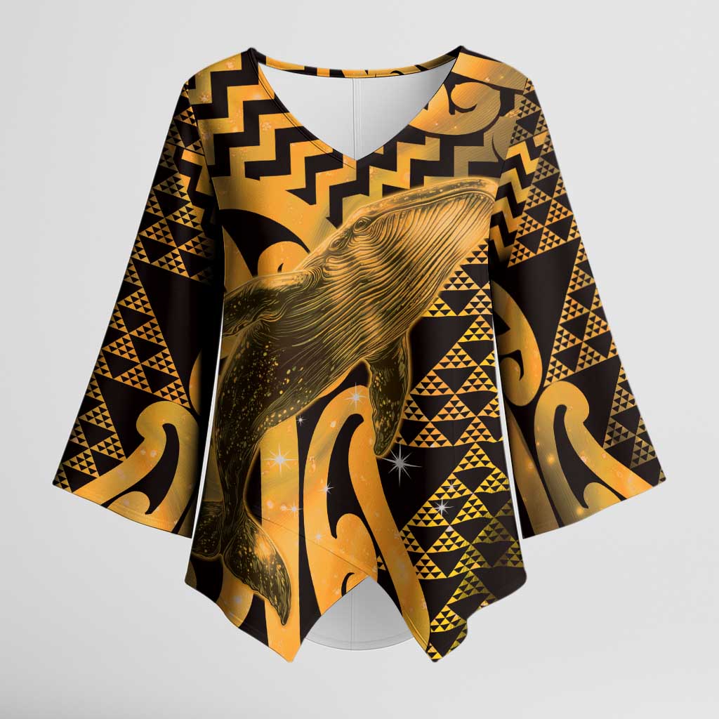 Humpback Whale Matariki New Zealand Kimono Sleeve Blouse NZ Maori Paikea Poutama Luxury Gold LT14 Female Gold - Polynesian Pride