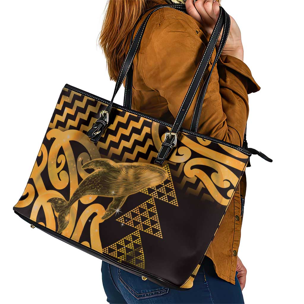 Humpback Whale Matariki New Zealand Leather Tote Bag NZ Maori Paikea Poutama Luxury Gold LT14 - Polynesian Pride