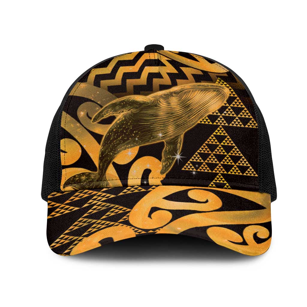 Humpback Whale Matariki New Zealand Mesh Trucker Cap NZ Maori Paikea Poutama Luxury Gold LT14 One Size Black Gold - Polynesian Pride