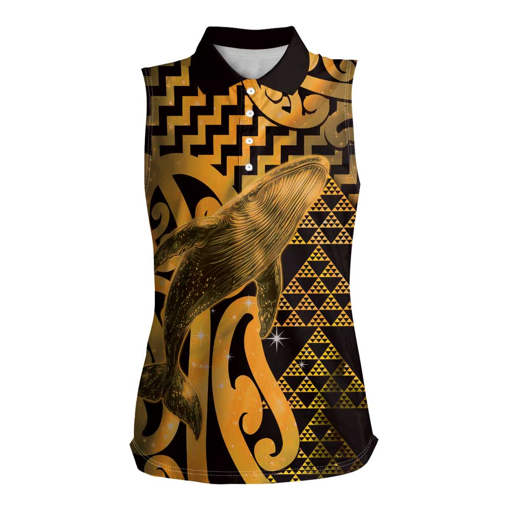 Humpback Whale Matariki New Zealand Women Sleeveless Polo Shirt NZ Maori Paikea Poutama Luxury Gold