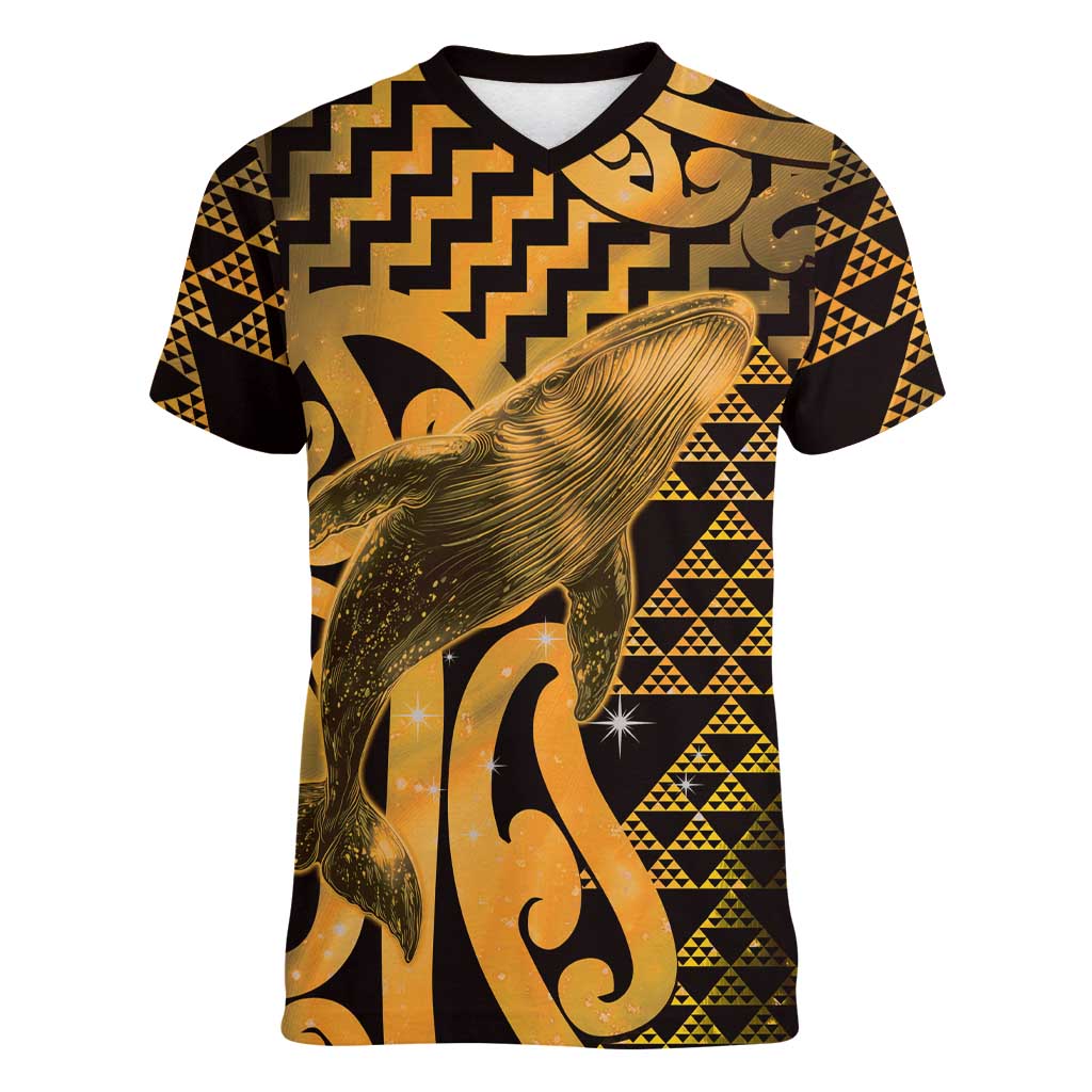 Humpback Whale Matariki New Zealand Women V-Neck T-Shirt NZ Maori Paikea Poutama Luxury Gold