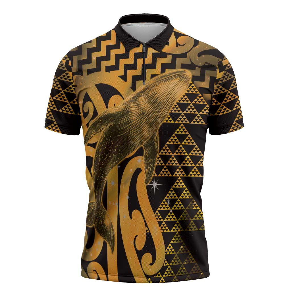 Humpback Whale Matariki New Zealand Zipper Polo Shirt NZ Maori Paikea Poutama Luxury Gold LT14 Gold - Polynesian Pride