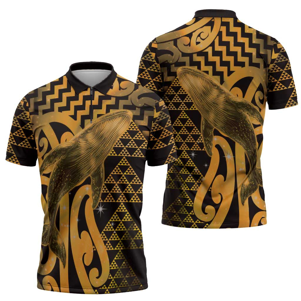 Humpback Whale Matariki New Zealand Zipper Polo Shirt NZ Maori Paikea Poutama Luxury Gold LT14 - Polynesian Pride