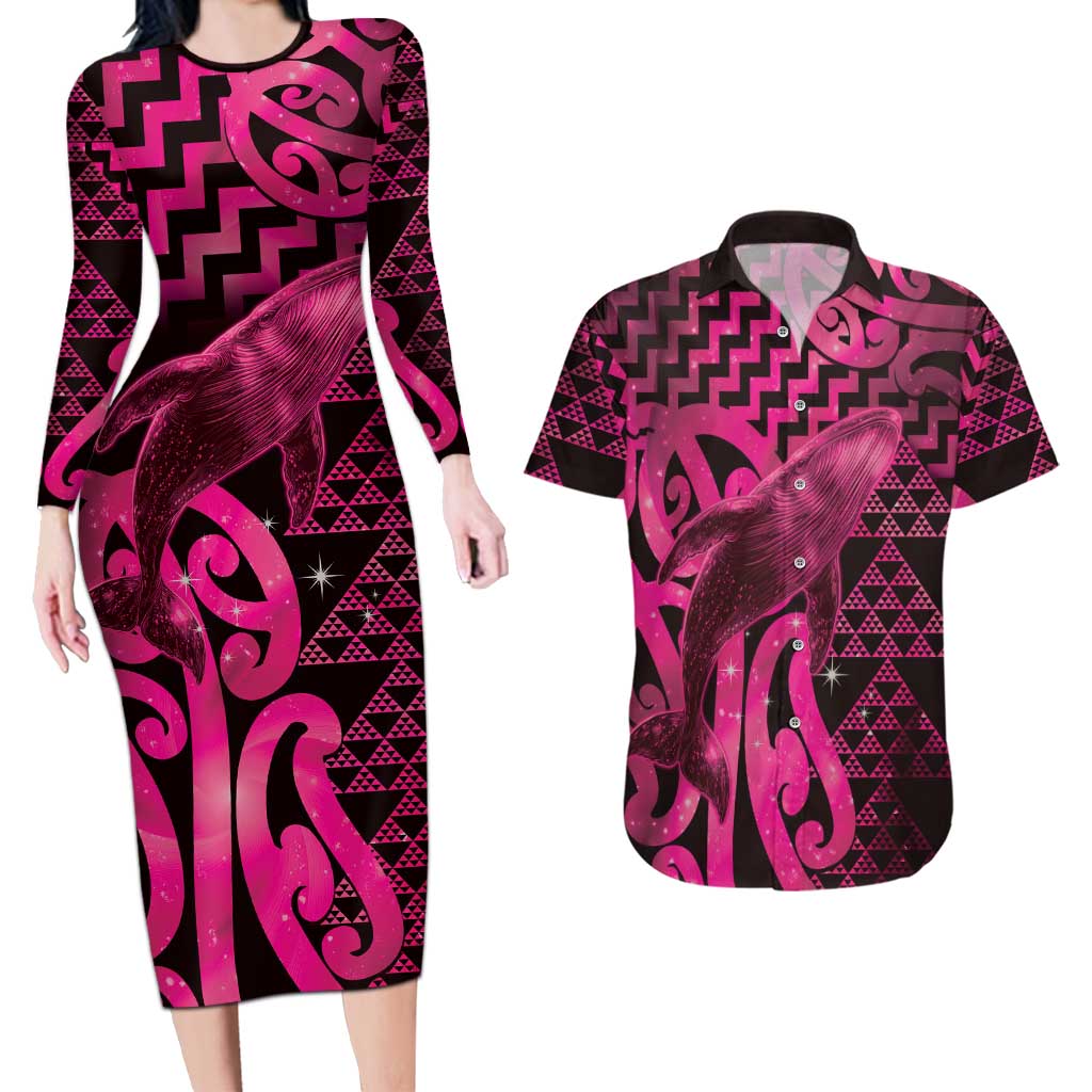 Humpback Whale Matariki New Zealand Couples Matching Long Sleeve Bodycon Dress and Hawaiian Shirt NZ Maori Paikea Poutama Luxury Pink LT14 Pink - Polynesian Pride