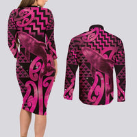 Humpback Whale Matariki New Zealand Couples Matching Long Sleeve Bodycon Dress and Long Sleeve Button Shirt NZ Maori Paikea Poutama Luxury Pink LT14 - Polynesian Pride