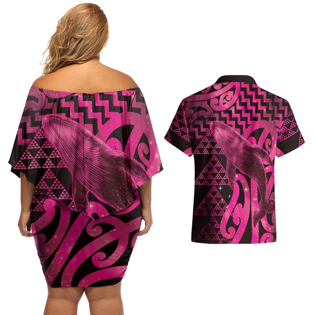 Humpback Whale Matariki New Zealand Couples Matching Off Shoulder Short Dress and Hawaiian Shirt NZ Maori Paikea Poutama Luxury Pink LT14 - Polynesian Pride