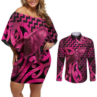 Humpback Whale Matariki New Zealand Couples Matching Off Shoulder Short Dress and Long Sleeve Button Shirt NZ Maori Paikea Poutama Luxury Pink