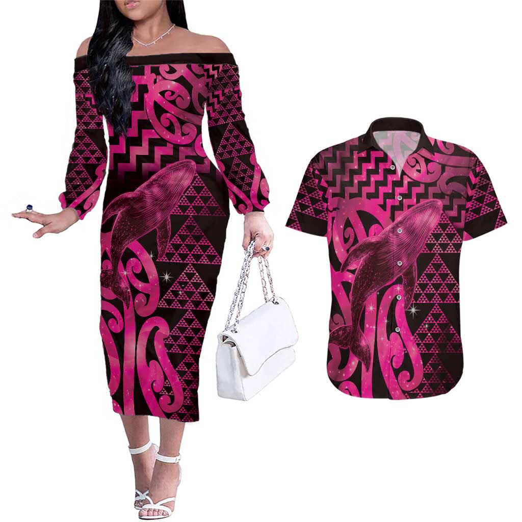 Humpback Whale Matariki New Zealand Couples Matching Off The Shoulder Long Sleeve Dress and Hawaiian Shirt NZ Maori Paikea Poutama Luxury Pink LT14 Pink - Polynesian Pride
