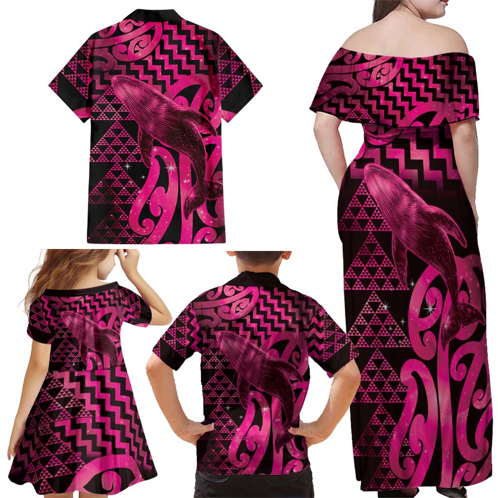 Humpback Whale Matariki New Zealand Family Matching Off Shoulder Maxi Dress and Hawaiian Shirt NZ Maori Paikea Poutama Luxury Pink LT14 - Polynesian Pride