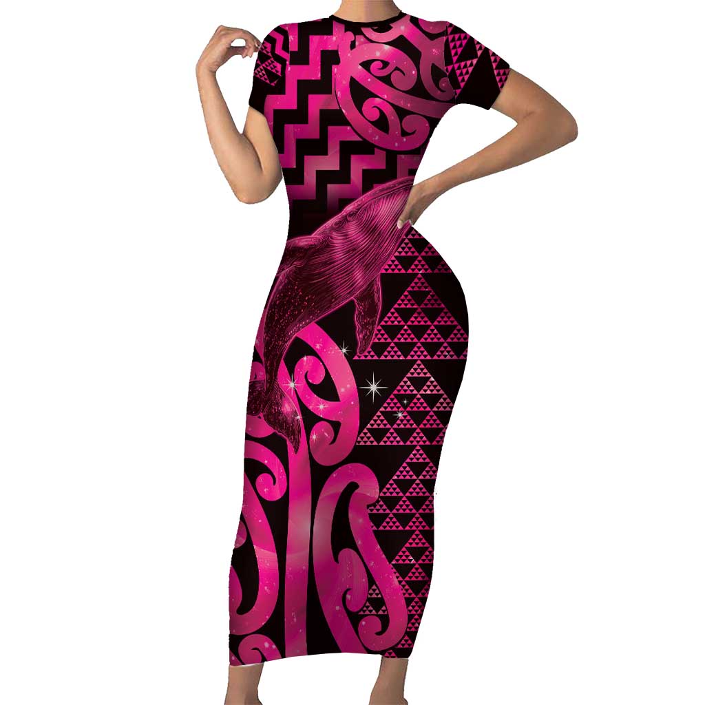 Humpback Whale Matariki New Zealand Family Matching Short Sleeve Bodycon Dress and Hawaiian Shirt NZ Maori Paikea Poutama Luxury Pink LT14 Mom's Dress Pink - Polynesian Pride