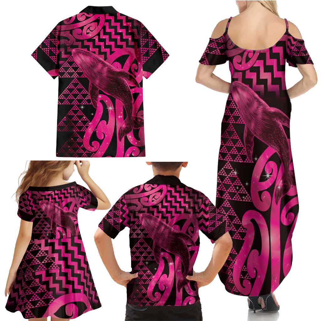 Humpback Whale Matariki New Zealand Family Matching Summer Maxi Dress and Hawaiian Shirt NZ Maori Paikea Poutama Luxury Pink LT14 - Polynesian Pride
