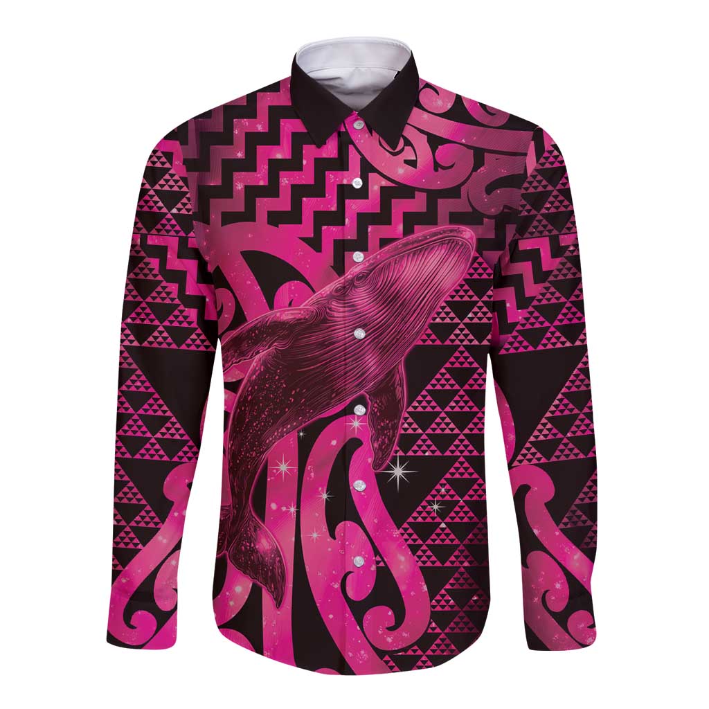Humpback Whale Matariki New Zealand Long Sleeve Button Shirt NZ Maori Paikea Poutama Luxury Pink LT14 Unisex Pink - Polynesian Pride