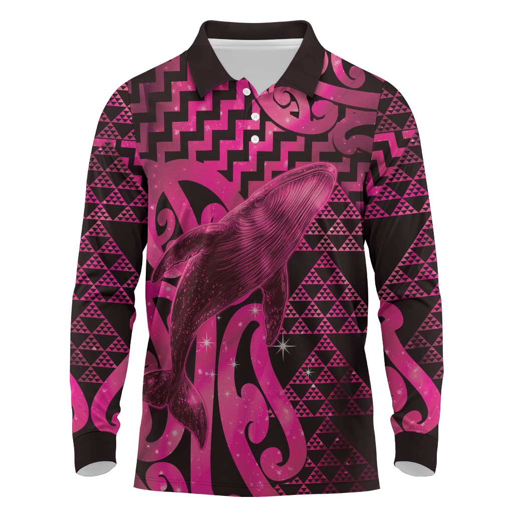 Humpback Whale Matariki New Zealand Long Sleeve Polo Shirt NZ Maori Paikea Poutama Luxury Pink
