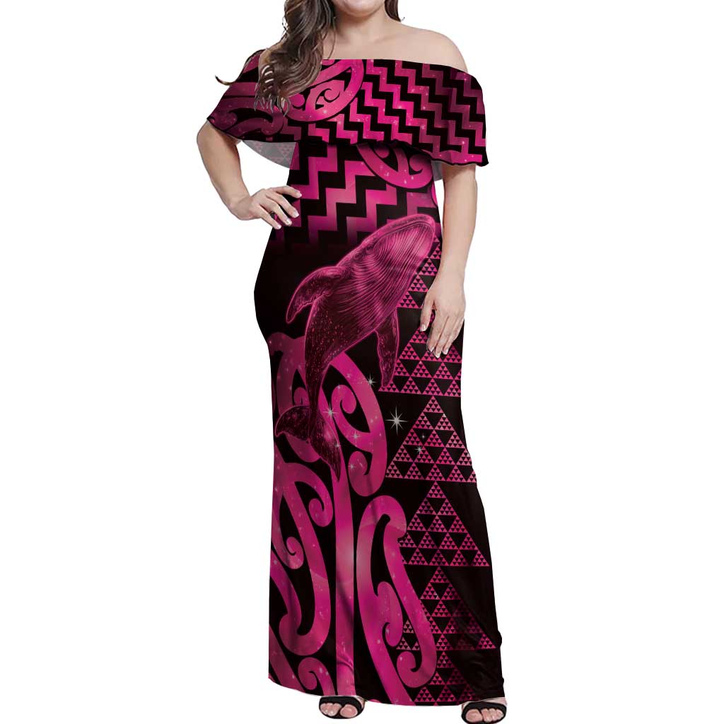 Humpback Whale Matariki New Zealand Off Shoulder Maxi Dress NZ Maori Paikea Poutama Luxury Pink LT14 Women Pink - Polynesian Pride