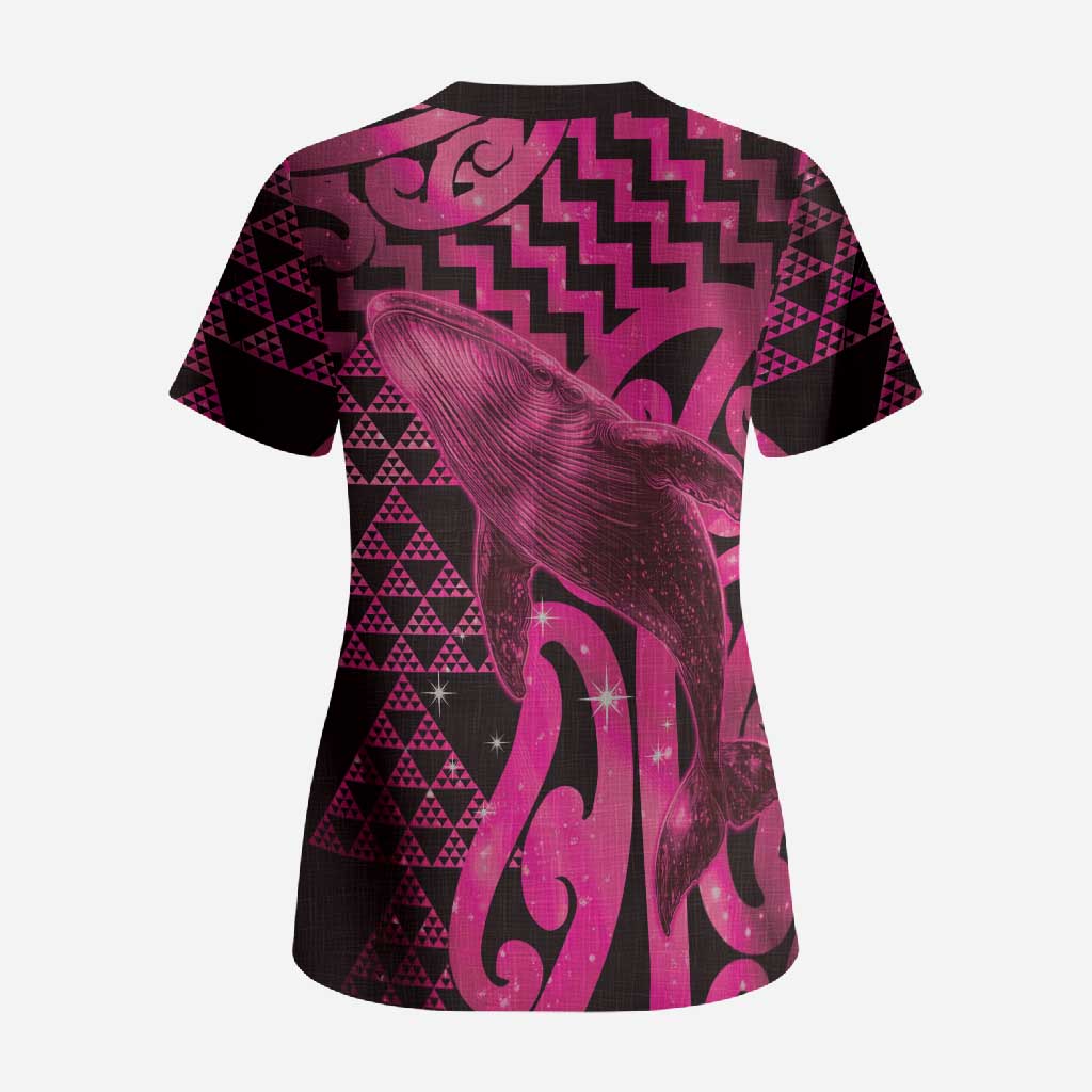 Humpback Whale Matariki New Zealand Scrub Top NZ Maori Paikea Poutama Luxury Pink LT14 - Polynesian Pride