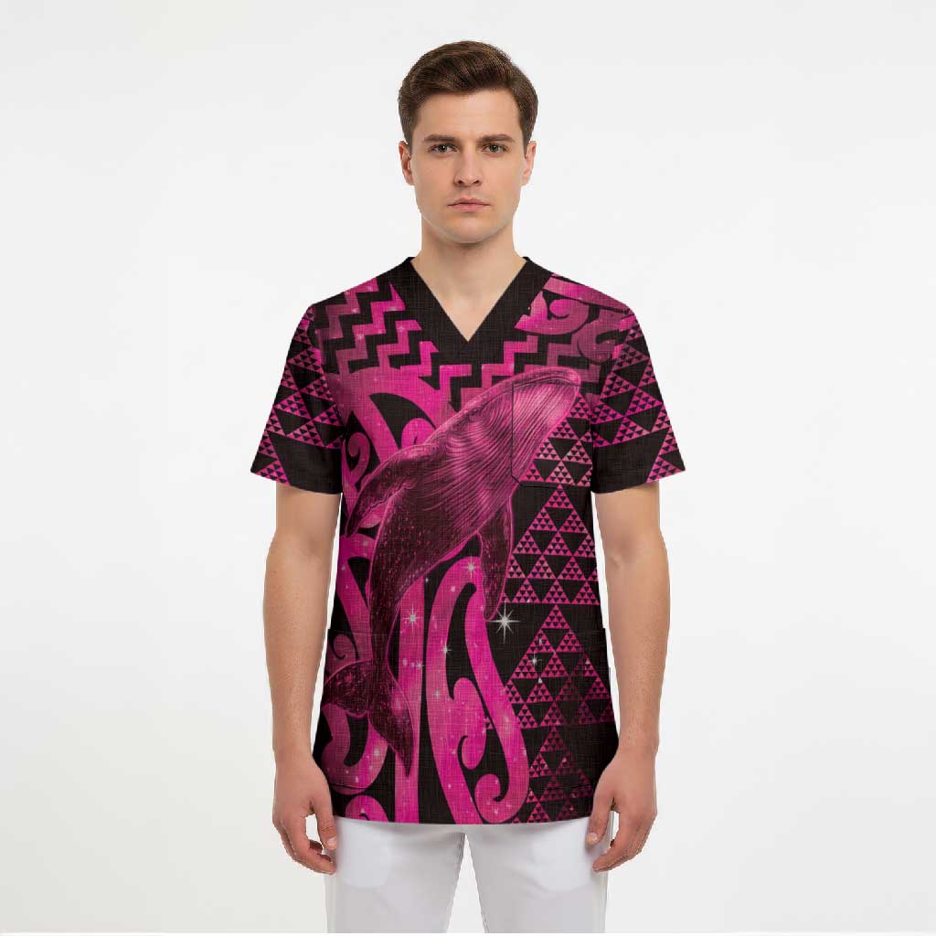 Humpback Whale Matariki New Zealand Scrub Top NZ Maori Paikea Poutama Luxury Pink LT14 - Polynesian Pride