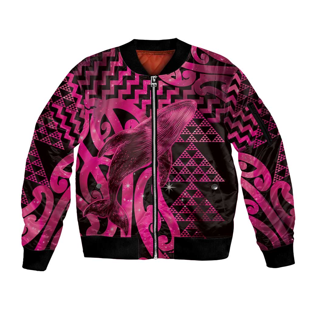 Humpback Whale Matariki New Zealand Sleeve Zip Bomber Jacket NZ Maori Paikea Poutama Luxury Pink LT14 Unisex Pink - Polynesian Pride