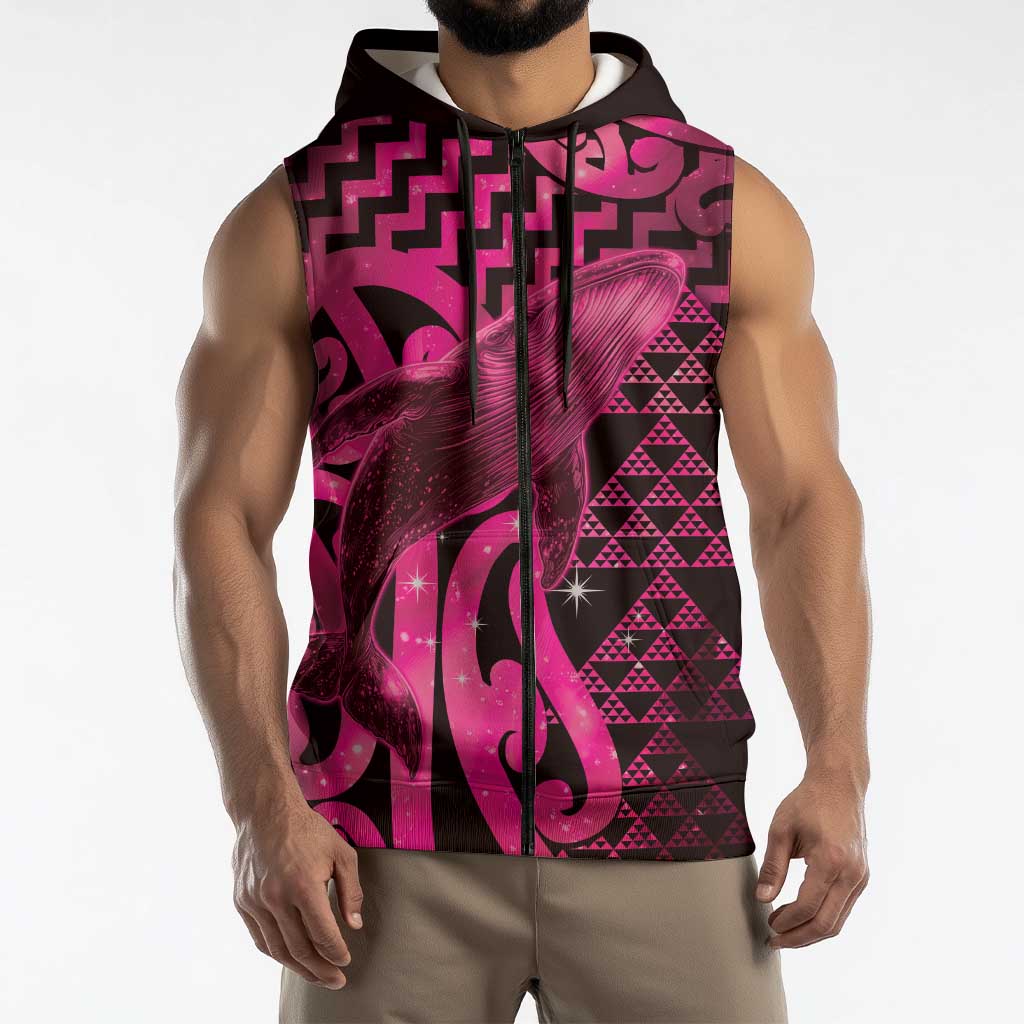 Humpback Whale Matariki New Zealand Sleeveless Zip Hoodie NZ Maori Paikea Poutama Luxury Pink