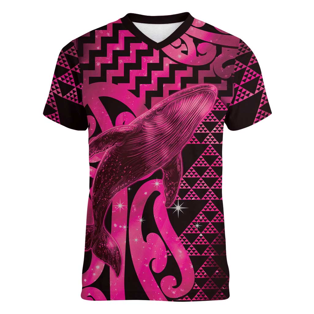 Humpback Whale Matariki New Zealand Women V-Neck T-Shirt NZ Maori Paikea Poutama Luxury Pink