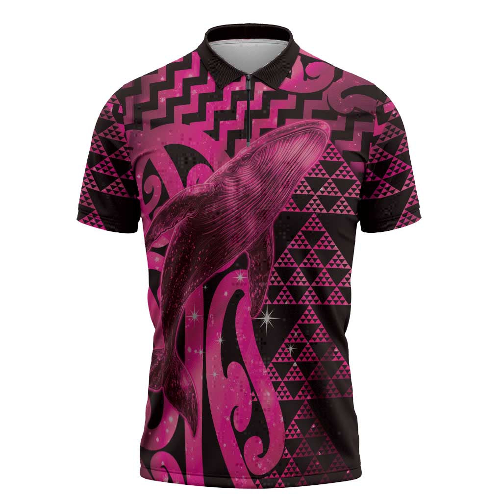 Humpback Whale Matariki New Zealand Zipper Polo Shirt NZ Maori Paikea Poutama Luxury Pink
