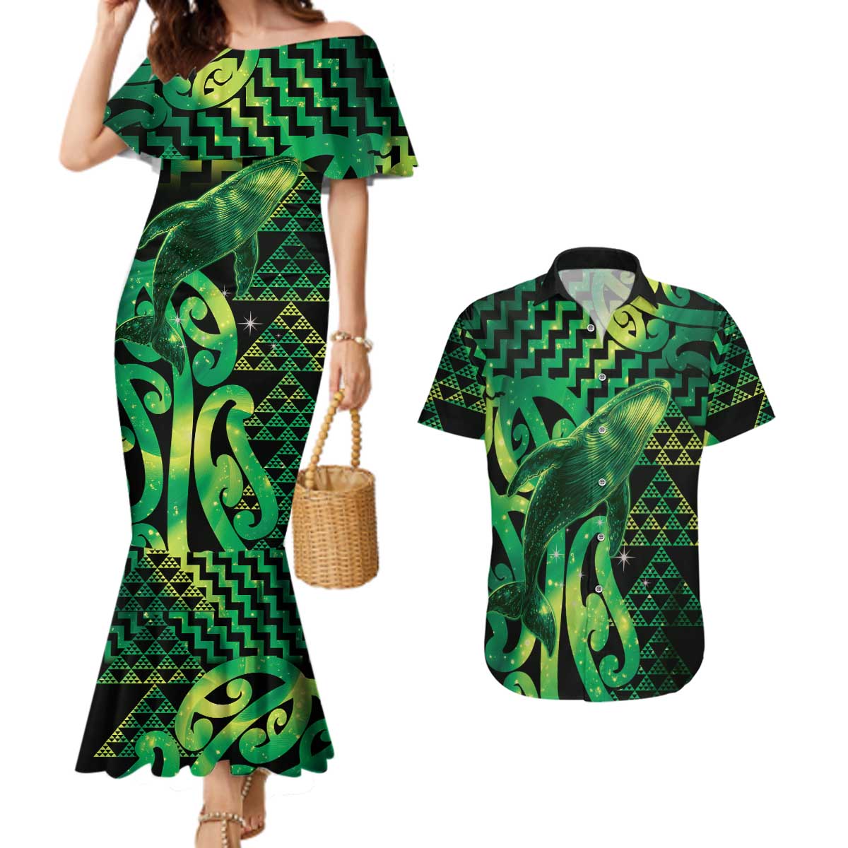 Humpback Whale Matariki New Zealand Couples Matching Mermaid Dress and Hawaiian Shirt NZ Maori Paikea Poutama Luxury Green LT14 Green - Polynesian Pride
