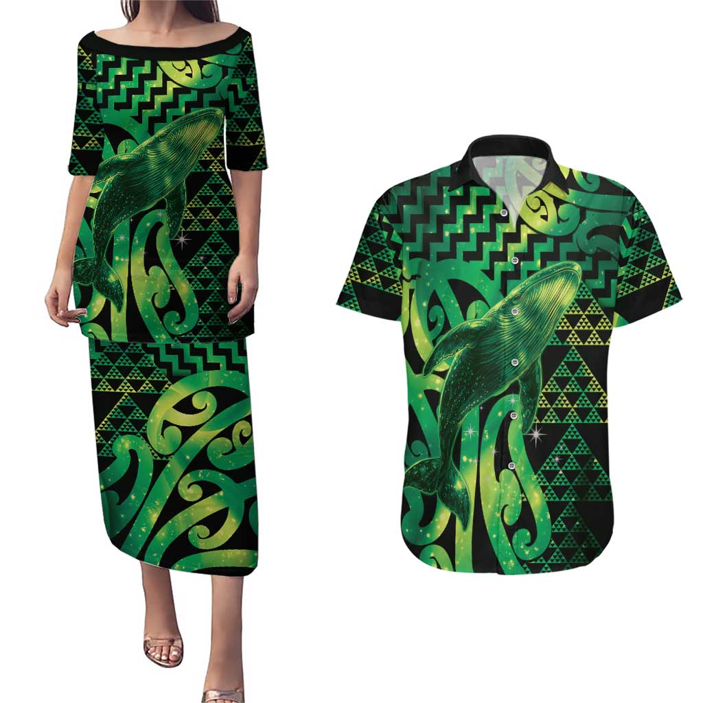 Humpback Whale Matariki New Zealand Couples Matching Puletasi and Hawaiian Shirt NZ Maori Paikea Poutama Luxury Green LT14 Green - Polynesian Pride