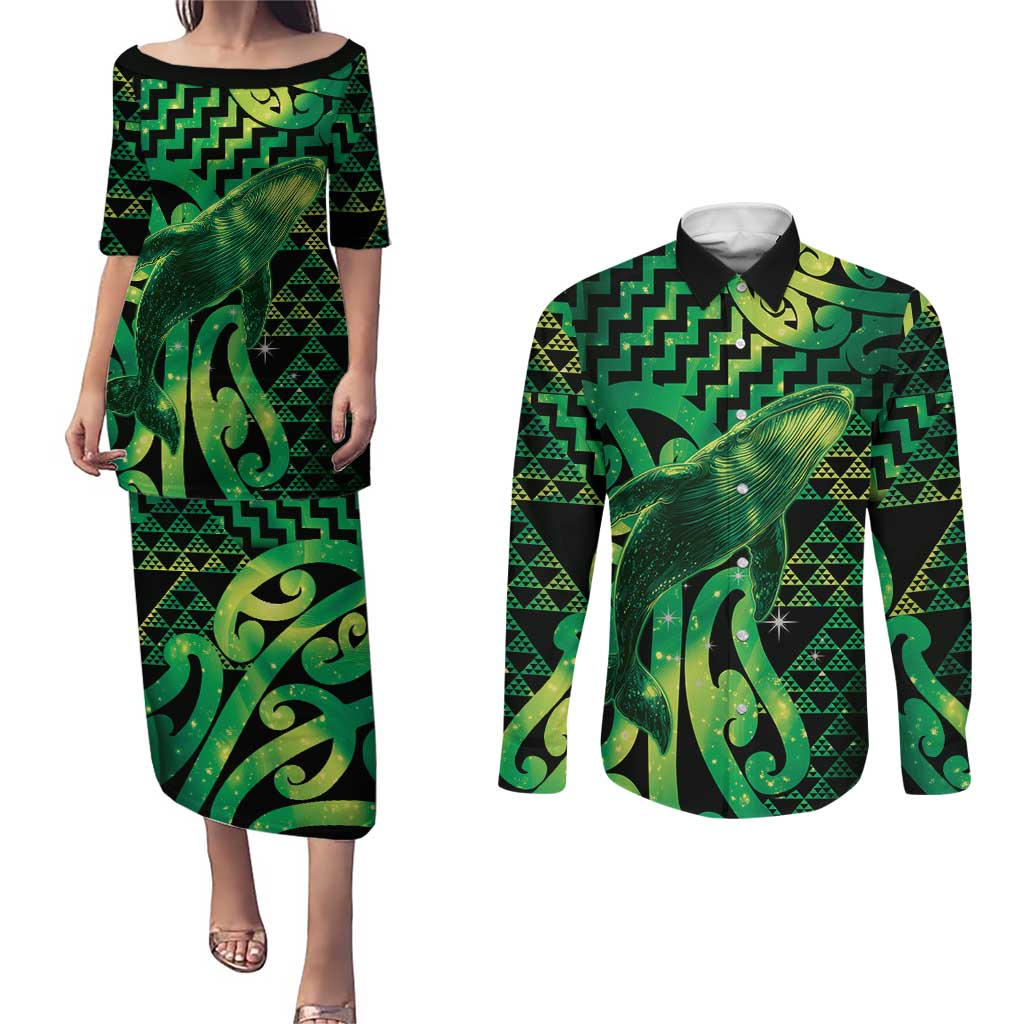 Humpback Whale Matariki New Zealand Couples Matching Puletasi and Long Sleeve Button Shirt NZ Maori Paikea Poutama Luxury Green