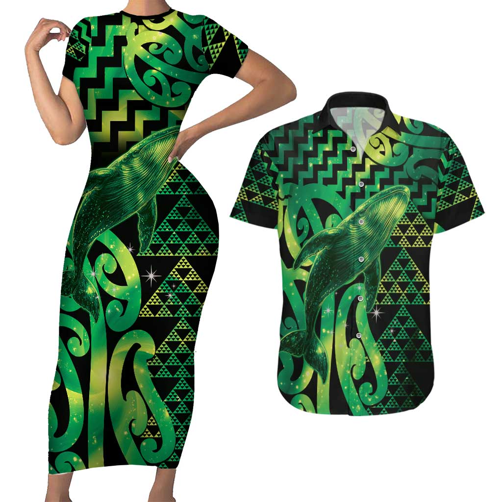 Humpback Whale Matariki New Zealand Couples Matching Short Sleeve Bodycon Dress and Hawaiian Shirt NZ Maori Paikea Poutama Luxury Green LT14 Green - Polynesian Pride