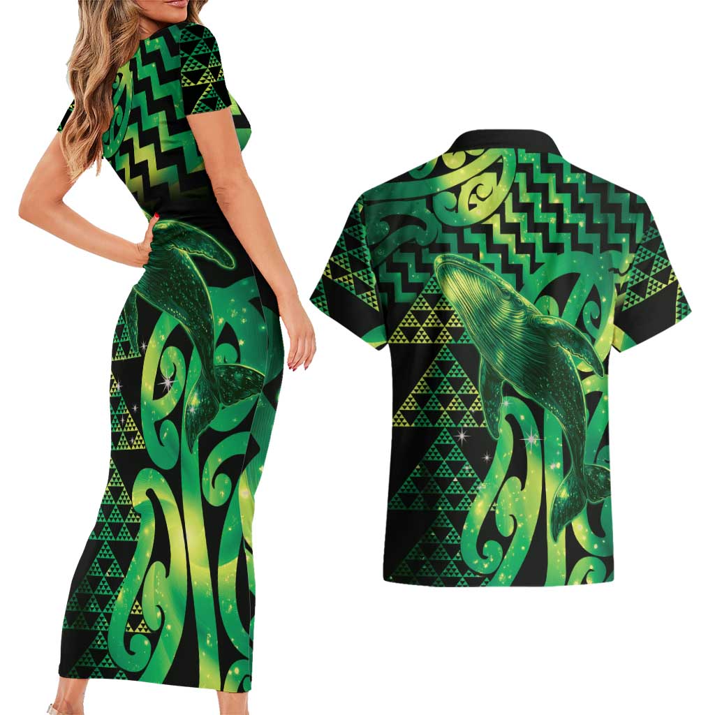 Humpback Whale Matariki New Zealand Couples Matching Short Sleeve Bodycon Dress and Hawaiian Shirt NZ Maori Paikea Poutama Luxury Green LT14 - Polynesian Pride