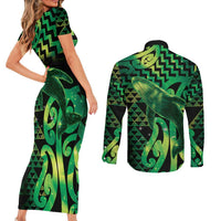 Humpback Whale Matariki New Zealand Couples Matching Short Sleeve Bodycon Dress and Long Sleeve Button Shirt NZ Maori Paikea Poutama Luxury Green LT14 - Polynesian Pride