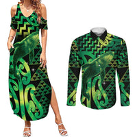 Humpback Whale Matariki New Zealand Couples Matching Summer Maxi Dress and Long Sleeve Button Shirt NZ Maori Paikea Poutama Luxury Green