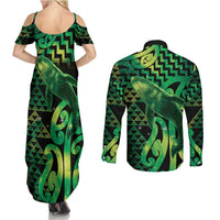 Humpback Whale Matariki New Zealand Couples Matching Summer Maxi Dress and Long Sleeve Button Shirt NZ Maori Paikea Poutama Luxury Green