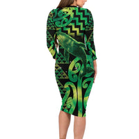 Humpback Whale Matariki New Zealand Family Matching Long Sleeve Bodycon Dress and Hawaiian Shirt NZ Maori Paikea Poutama Luxury Green LT14 - Polynesian Pride