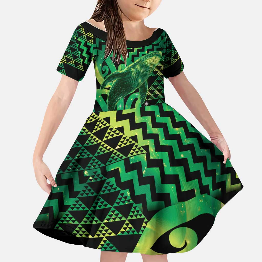 Humpback Whale Matariki New Zealand Family Matching Mermaid Dress and Hawaiian Shirt NZ Maori Paikea Poutama Luxury Green LT14 Daughter's Dress Green - Polynesian Pride