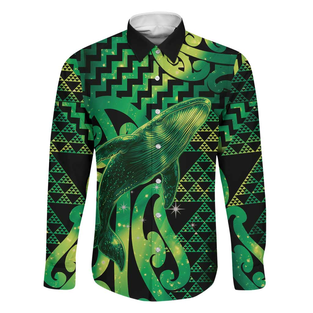Humpback Whale Matariki New Zealand Family Matching Off The Shoulder Long Sleeve Dress and Hawaiian Shirt NZ Maori Paikea Poutama Luxury Green LT14 Dad's Shirt - Long Sleeve Green - Polynesian Pride