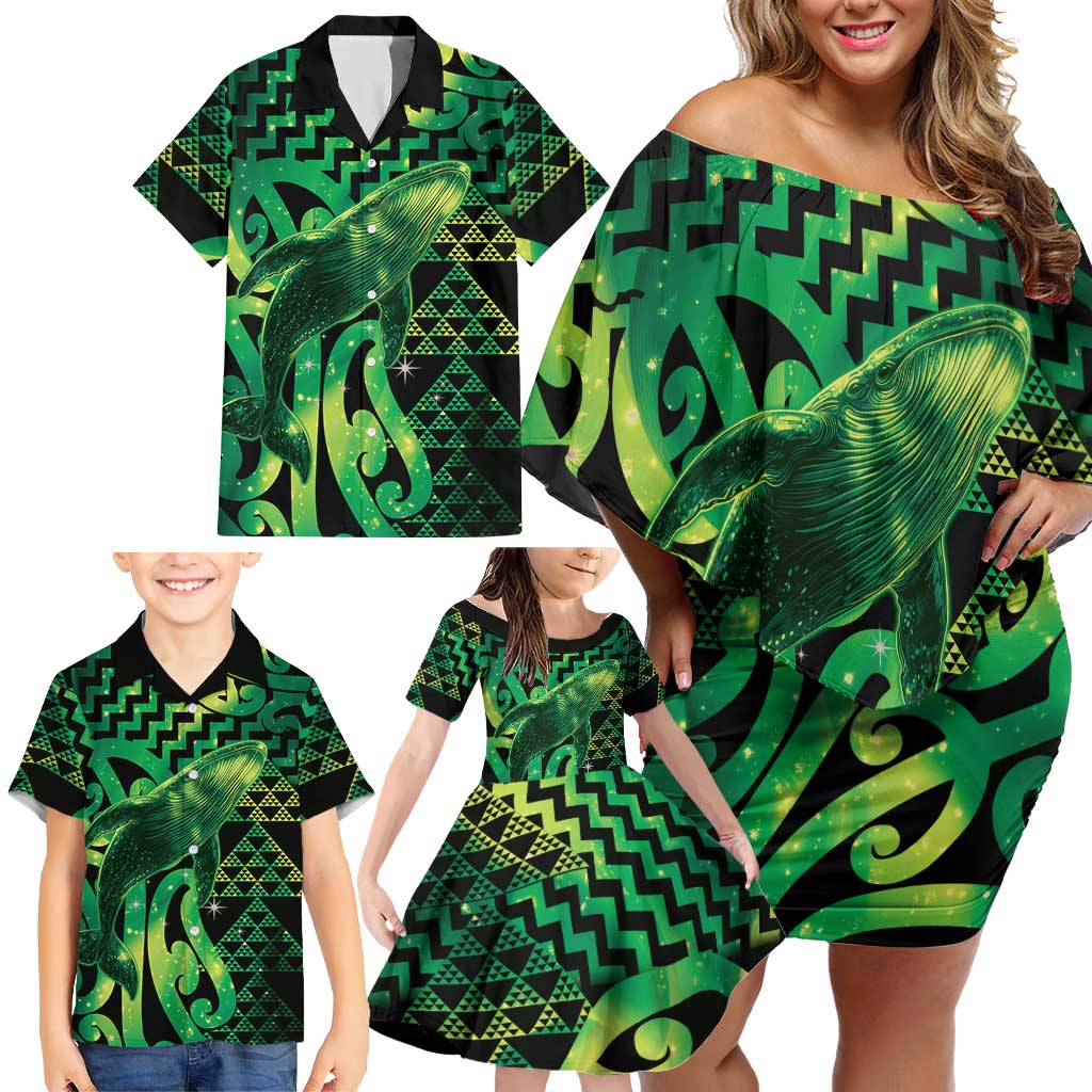 Humpback Whale Matariki New Zealand Family Matching Off Shoulder Short Dress and Hawaiian Shirt NZ Maori Paikea Poutama Luxury Green LT14 - Polynesian Pride