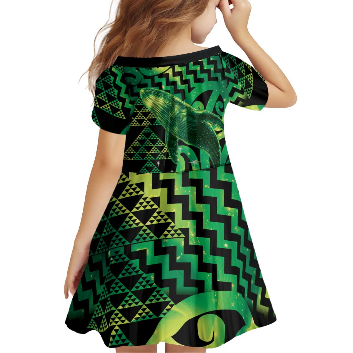 Humpback Whale Matariki New Zealand Kid Short Sleeve Dress NZ Maori Paikea Poutama Luxury Green