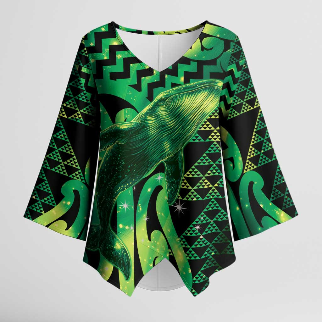Humpback Whale Matariki New Zealand Kimono Sleeve Blouse NZ Maori Paikea Poutama Luxury Green LT14 Female Green - Polynesian Pride