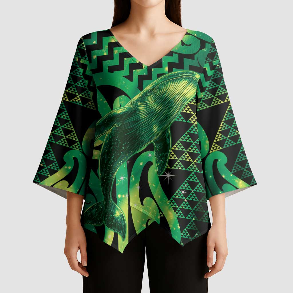 Humpback Whale Matariki New Zealand Kimono Sleeve Blouse NZ Maori Paikea Poutama Luxury Green LT14 - Polynesian Pride