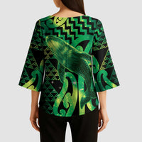 Humpback Whale Matariki New Zealand Kimono Sleeve Blouse NZ Maori Paikea Poutama Luxury Green LT14 - Polynesian Pride